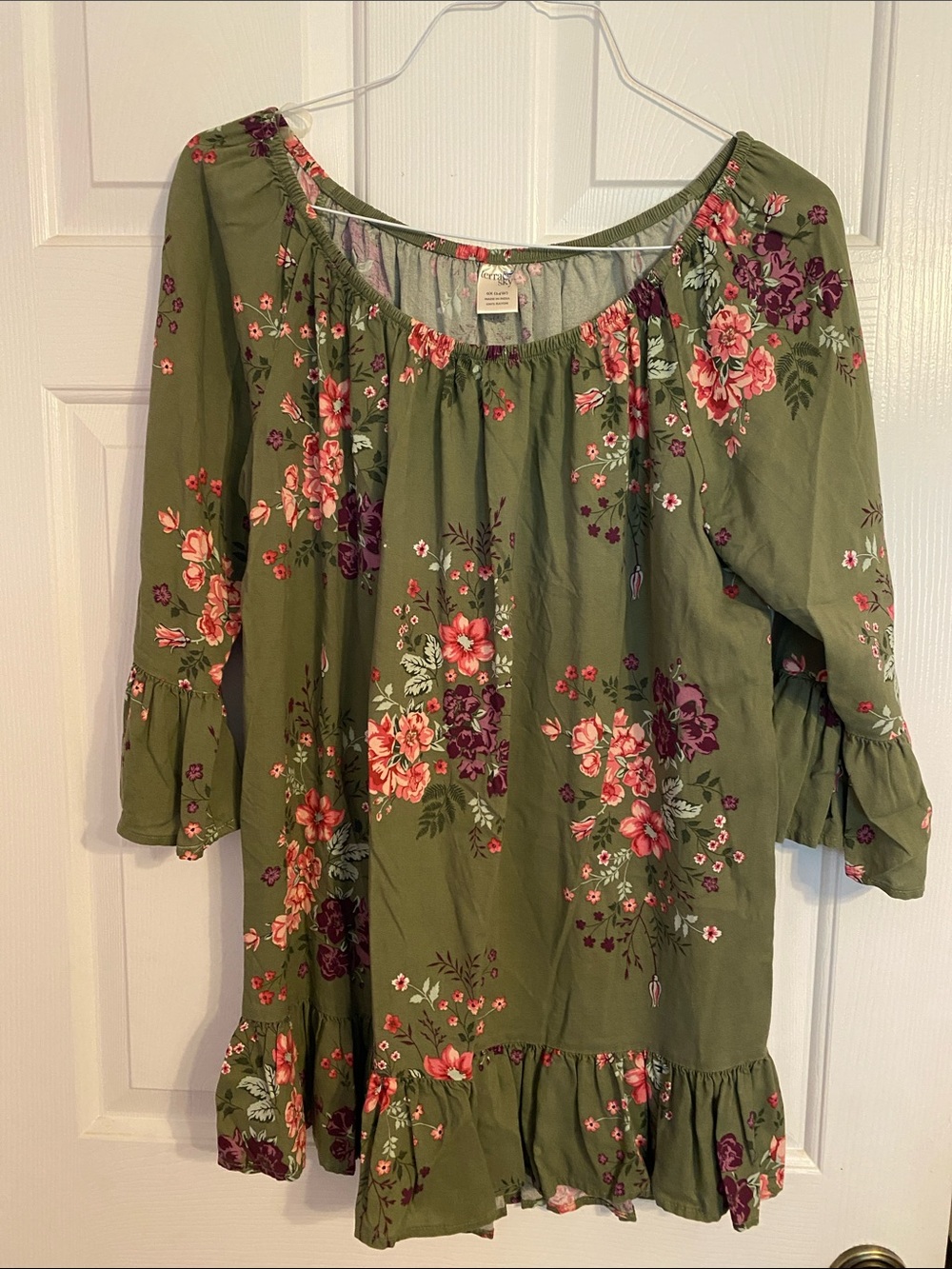 Terra & Sky Olive Green Floral Boho off-shoulder tunic top with Pink Accents